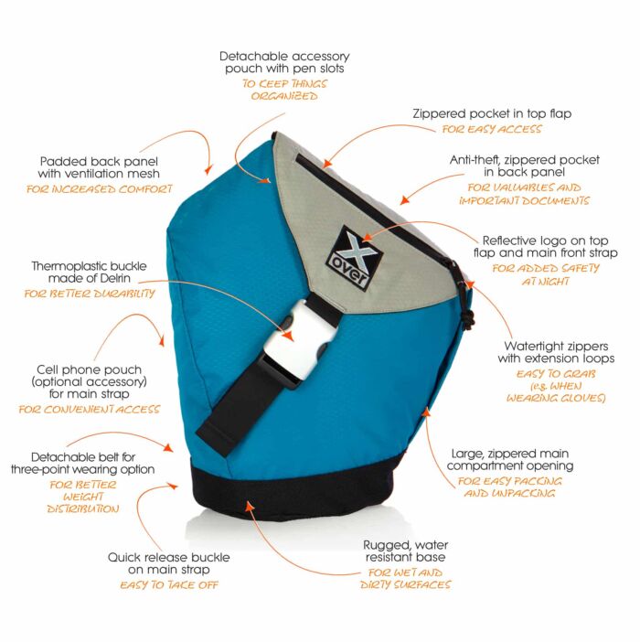 Graphic showing all the features of the X-over Agility bag in size small