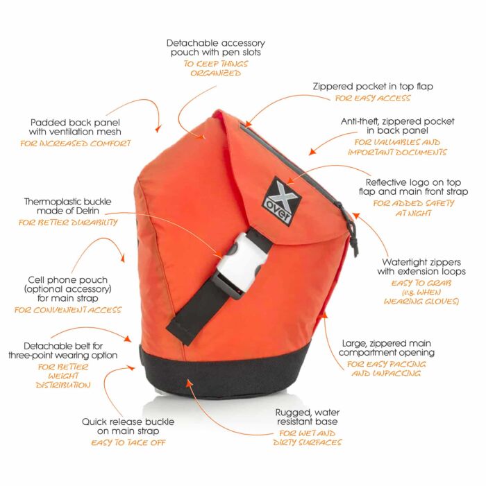 Graphic showing all the features of the X-over Agility bag in size small
