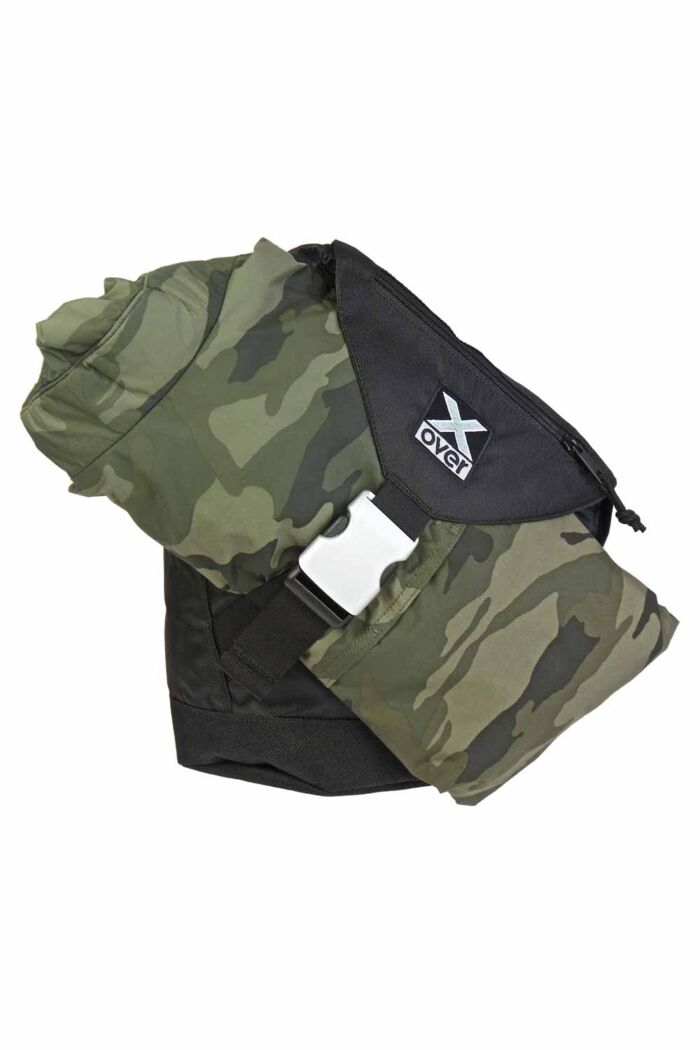 X-over bag with rain coat stowed under front flap