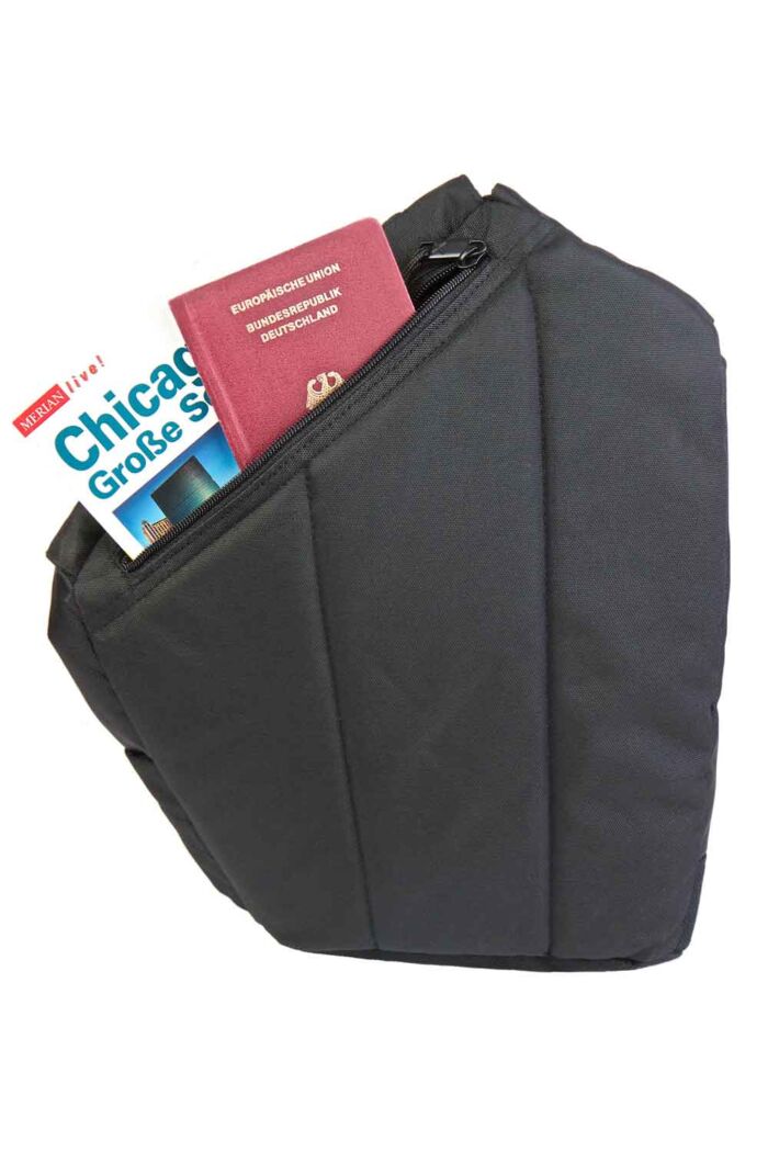 Image of X-over bag showing the accessory sleeve in the back panel