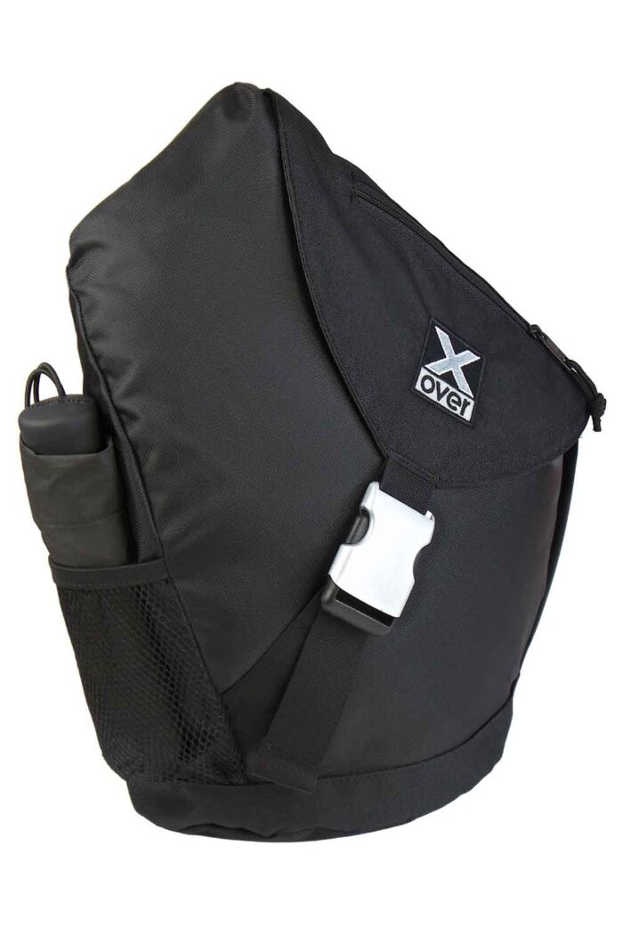 Image of X-over bag showing an umbrella stowed away in the side mesh pocket