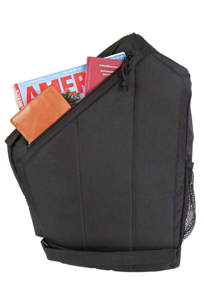 Image of X-over bag showing the accessory sleeve in the back panel